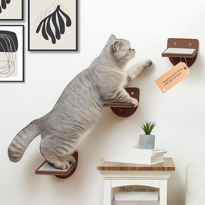 32LBS Capacity Cat Wall Steps for Indoor Cats Climbing, Set of 3 Cat Wall Climber System with Anti-Slip Scratching Pads, Wall-Mounted Steps for Various Shelves & Perches, Brown Wood