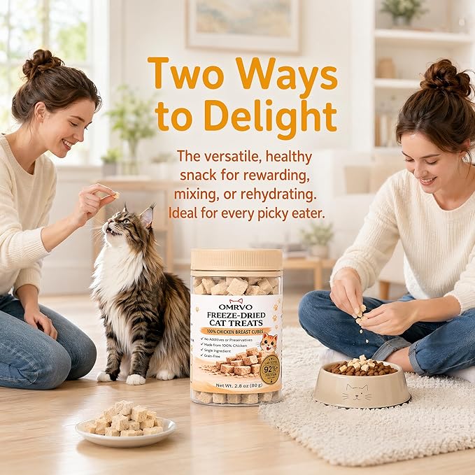Freeze-Dried Cat Treats, 92%+ High Protein Chicken Breast Cubes, Single Ingredient Grain-Free Cat Snacks & Food Topper for Kittens & Adult Cats, 2.8 oz
