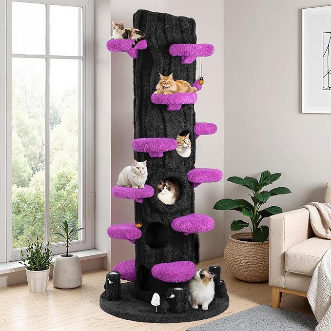 NUNU LAB Large Cat Tree for Indoor Cats, All-in-One Tall Cats Tower with Scratching Post and Plush Toys, Luxury Multi-Level Solid Wood Cat Condo for Multi-Cat Families (Purple&Black)
