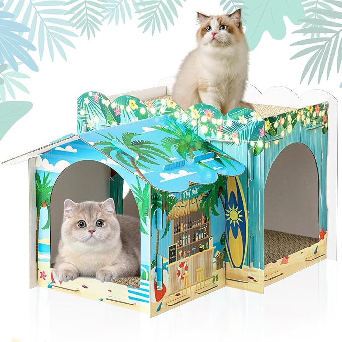 Lineshading 2 Story Cardboard Cat House with Scratcher Pad, Multi Level Durable Cat Scratcher House for Small Kitten Bunny Rabbit Animals Christmas Birthday Gift(17x12x10,Hawaii)
