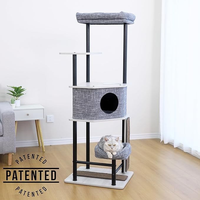 Petpals Heavy Duty Cat Tree with Durable Steel Frame and Laminated Board,Large Condo,Removable Top Bed,2 Replaceable Scratching Mats for Long-Lasting. (Light Gray)