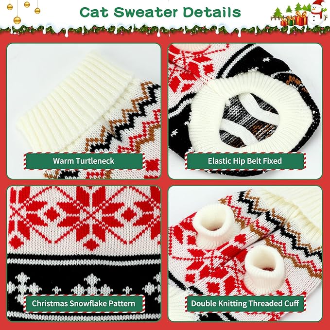 BWOGUE 2 Packs Cat Christmas Sweater, Knitwear Puppy Christmas Sweater with Reindeer Snowflake, Turtleneck Pet Kitten Christmas Sweaters for Cats Kitty Puppy Small Dogs（M）