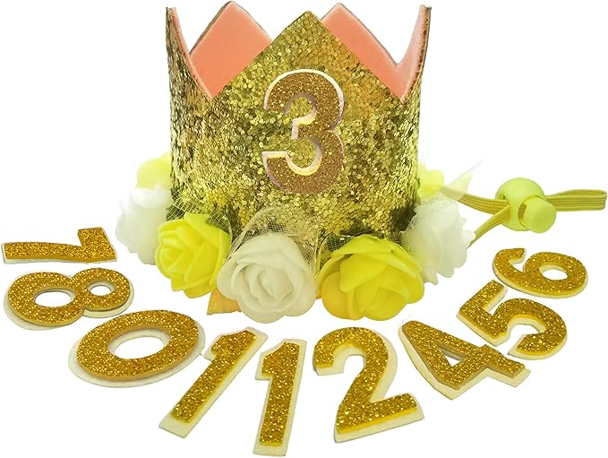 Dog Birthday Hat Adjustable Reusable Crown for Dogs Cats Puppy Kitten Birthday Party Headband with Numbers(Yellow)