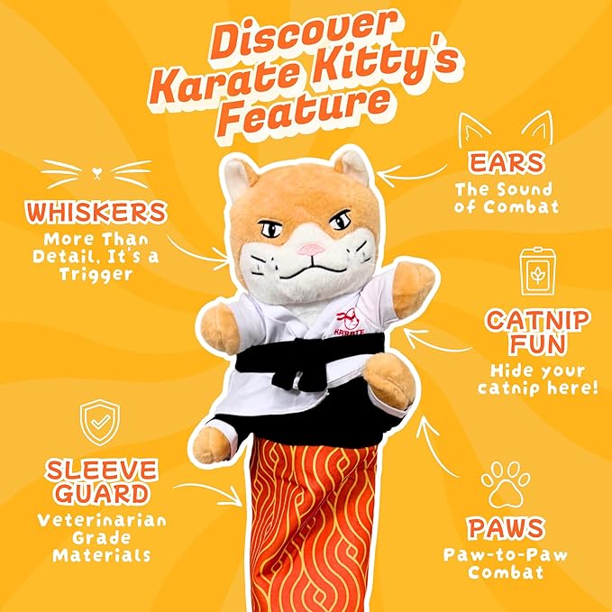 KARATE KITTY Cat Wrestling Glove & Puppet Toy with Protective Arm Sleeve – Interactive Boxing Cat Toy for Indoor Cats with Catnip Pocket & Crinkle Ears