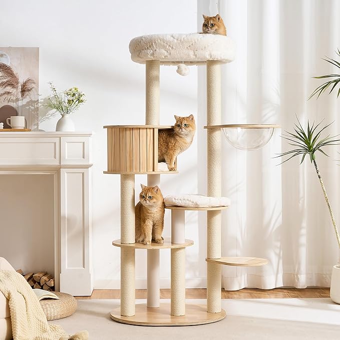 797Audio Wood Modern Cat Tree, 65" Cat Tower with Sisal Scratching Posts, Cat Condo, Capsule and Bed, Solid Wooden Aesthetic Multi-Level Cat Climbing Tree for Large Adult Indoor Maine Coon Cats-White