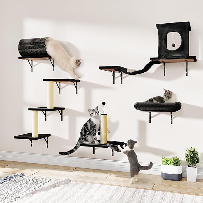 NUNU LAB 14-in-1 Cat Wall Shelves Set, Wall-Mounted Cat Climber with Bridge, Tunnel, House, Scratcher, Steps, Indoor Space-Saving Furniture for Kittens Play, Gray