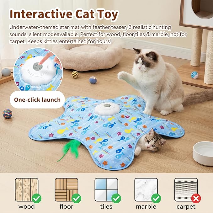 Interactive Cat Toy for Indoor Cats, Rechargeable Touch Activated Hide and Seek Cat Toys, Automatic Moving Concealed Wand Feather Toy for Bored Indoor Kitten Adult Cats, Real Bird Squeaky Blue