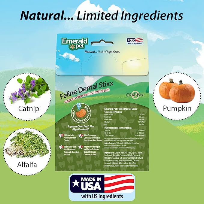 Emerald Pet Grain-Free Catnip Cat Dental Treats – Crunchy Dental Sticks for Cats to Clean Teeth, Reduce Plaque & Tartar, Freshen Breath – Pumpkin for Digestive Health, Natural Cat Chews, 3.6 oz