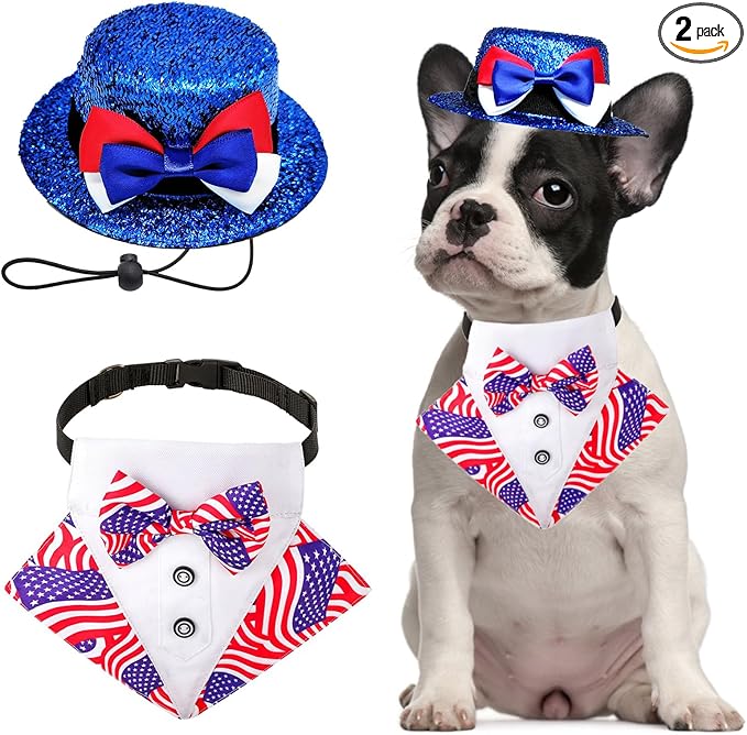 Dog Independence Day Costume 2Pcs Tux Bandana Shiny Pet Top Hat American Flag Dog Tuxedo Triangle Bibs 4th July Scarf Patriotic Holidays Outfit Dog Collar with Bow tie for Small Medium Large (Medium)
