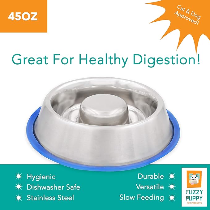 Slow Feeder Dog Bowl with Non-Slip Rubber Base for Dogs & Cats, Holds Food, Water & Treats, Metallic Silver Stainless Steel, 45oz (SFD-L), Stainless-Steel, Blue
