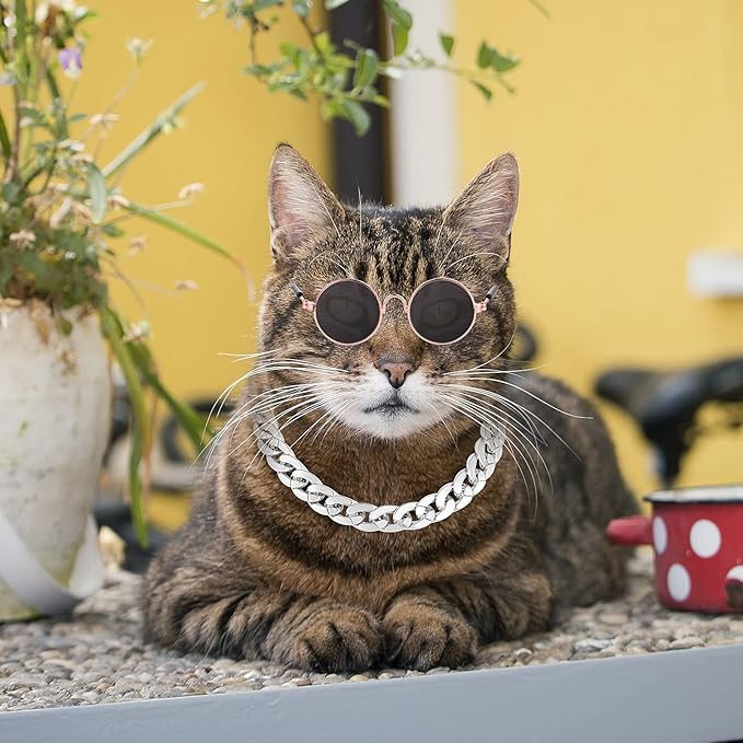 Molain Cat Sunglasses Gold Chain Costume Decorations- Cat UV Protection Classic Retro Puppy Retro Black Sunglasses Faux Silver Adjustable Chain Cosplay Costume Cool Funny Photo Props