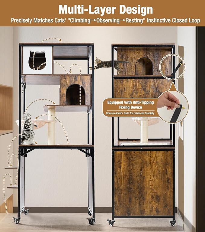 Cat Tower with Litter Box Enclosure, Wooden Cat Tree Tower with Scratching Post, Sturdy Metal Frame Cat Furniture with Adjustable Bed & Anti-Tipping Design, Mobile Cat Condo for Indoor Cats
