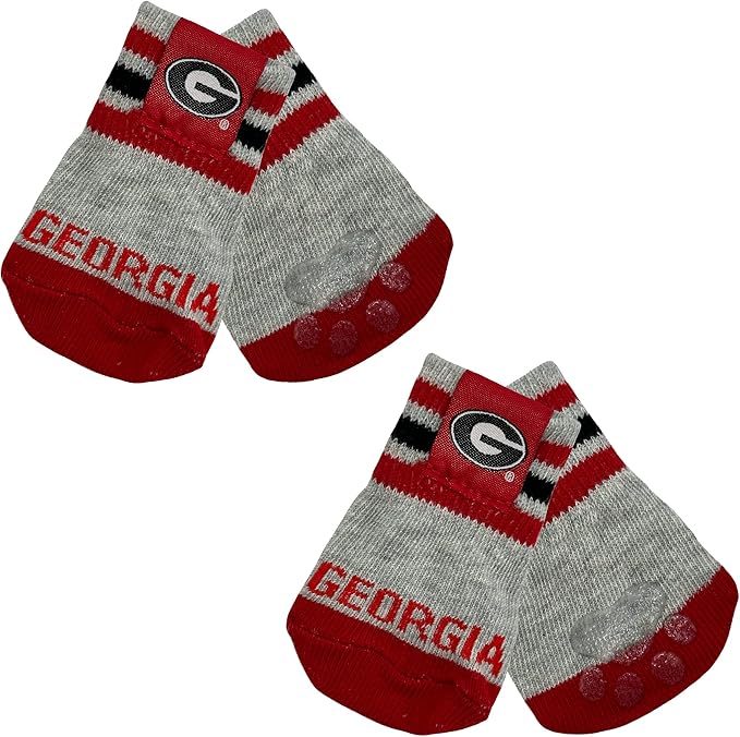 NCAA Georgia Bulldogs Anti Slip Dog Socks with Elastic Ribbed Top, Size X-Small/Small. Indoor/Outdoor Socks, Best Dog Paw Protector, 2 Pairs of Pet Socks with Your Favorite Collegiate Sports Team