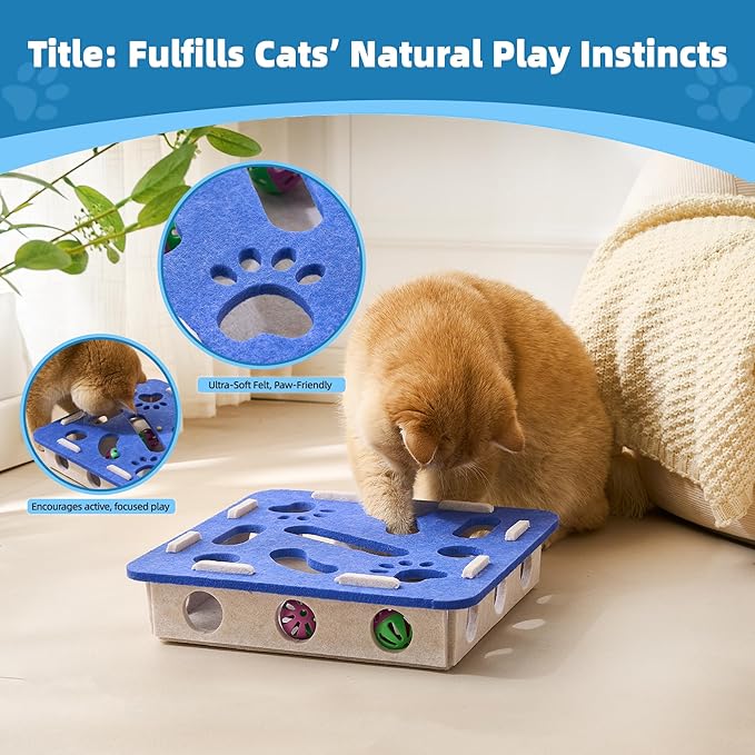 Interactive Cat Puzzle Feeder Toy - Felt Maze Box with 3 Jingle Balls for Indoor Cats, Kittens to Adults - Mental Stimulation, Slow Feeding & Fun Exercise Encourages Natural Hunting Instincts