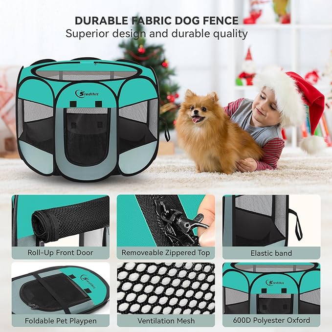 Pink Puppy Playpen for Middle Dog Cat, Dogs Tent Crate Cage Indoor/Outdoor, Portable Pop Up Dog Kennel with Carrying Bag for Rabbits, Removable Top (Green, Medium)