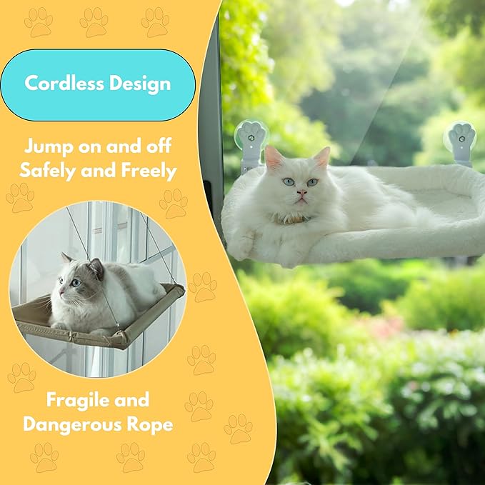 Cordless Cat Window Perch with 4 Suction Cups, Sturdy & Soft Cat Window Hammock, One-Tap Fold Up Cat Window Seat, Great for Indoor Cats, Soft Reversible Cushion, Can Hold Weight Upto 40lbs