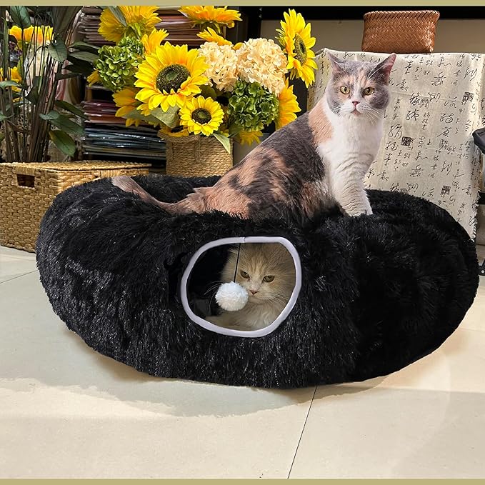 Cat Bed Tunnel Tube Toy Black Plush Round, Collapsible Pet Tunnels for Indoor Cats, Interactive Toys Play Tubes with Hanging Ball for Kitty, Puppy, Rabbit for Fun Playtime & Exercise