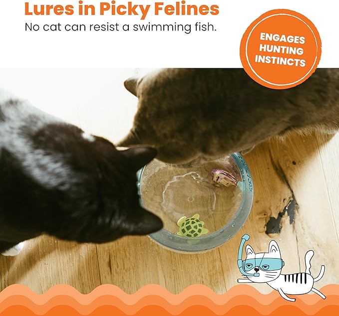 Catstages Meow-smerizing Fish Bowl for Cats with Two Water Cat Toys, Electronic Swimming Fish and Floating Turtle Included, Blue