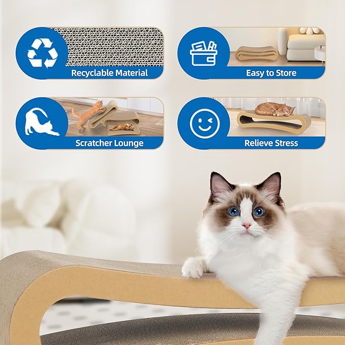 Simple Deluxe 3-in-1 Large Cardboard Cat Scratcher Lounger, 33.5" x 10.2" x 10.2" Infinity Shape Cat Scratching Board, Reversible Corrugated Scratch Pad for Multi-Cat Homes, 100% Recyclable, X-Large