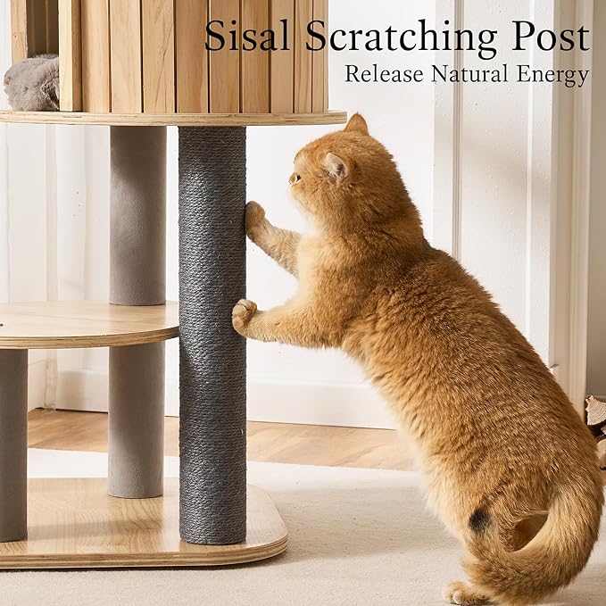 797Audio Wood Modern Cat Tree, 65" Cat Tower with Sisal Scratching Posts, Cat Condo, Capsule and Bed, Solid Wooden Aesthetic Multi-Level Cat Climbing Tree for Large Adult Indoor Maine Coon Cats-Gray