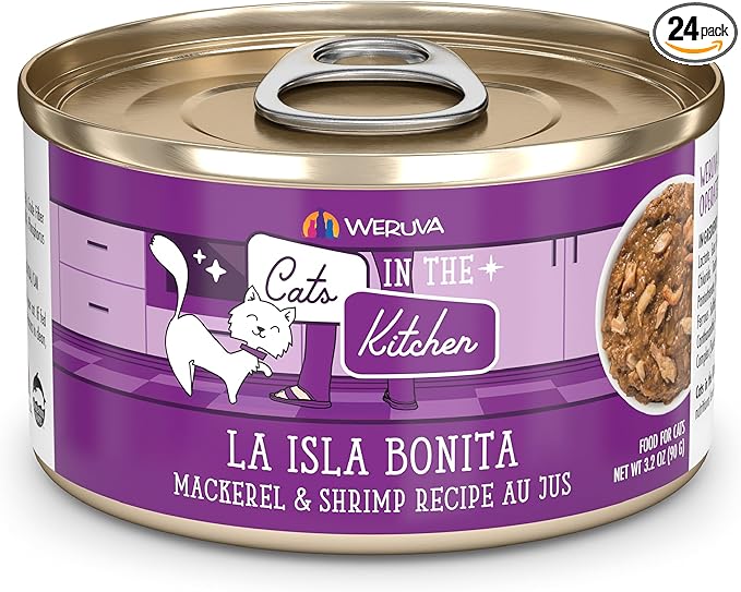 Weruva Cats in The Kitchen, La Isla Bonita with Mackerel & Shrimp Au Jus Cat Food, 3.2oz Can (Pack of 24)