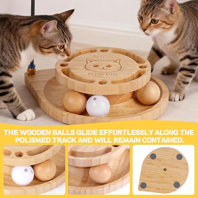 Interactive Cat Toy for Bored Cats - Feather Wand & Track Ball, 15 Replacement Heads, 2 Wooden Balls & 1 Bell Ball, Anti-Slip Base, Easy Assembly Cat Teaser for Kittens & Adult Cats
