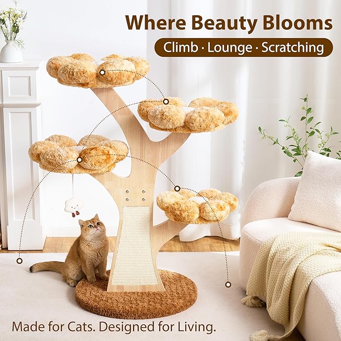 Aesthetic Flower Cat Tree Tower with Scratching Post for Indoor Cats, 48" Modern Cat Tree with Wood Sculpted Branch, Flower Cat Beds, Scratching Board & Interactive Squeaky Toy, Sunset Brown