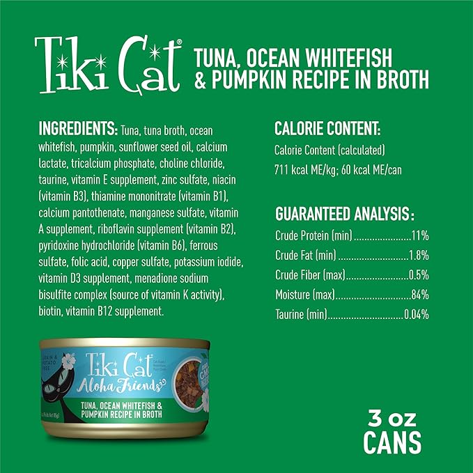 Tiki Cat Aloha Friends Wet Cat Food, Tuna, Ocean Whitefish & Pumpkin, 3 oz. Cans (12 Count)