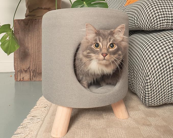 4 Cats & Dogs Wallie Stool – Plush Pet Stool & Bed with Wooden Legs, Cozy Cat Condo Furniture & Pet Nook Hideaway, Multipurpose Stool with Cozy Pads for Cats & Small Dogs, Dark Grey