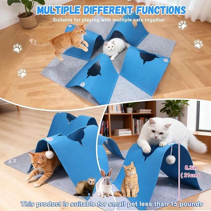 35.4" Large Interactive Felt Cat Activity Play Mat – Ripple Style Hide & Seek Tunnel with Hanging Ball, Foldable Snuffle Mat for Indoor Cats, Kittens, Rabbits, Small Pets, Blue