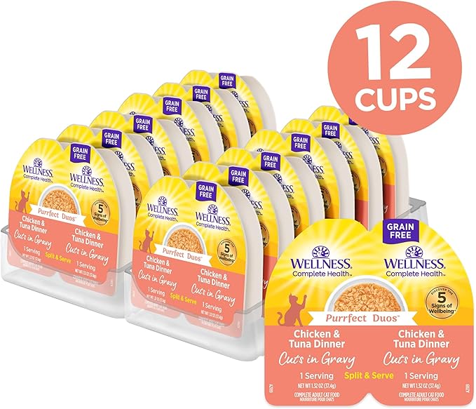 Wellness Complete Health Purrfect Duos Cuts in Gravy Adult Wet Cat Food, Natural, Protein Rich, Grain Free, Chicken and Tuna Dinner Recipe, 2.64 oz, Pack of 12 Split Cups
