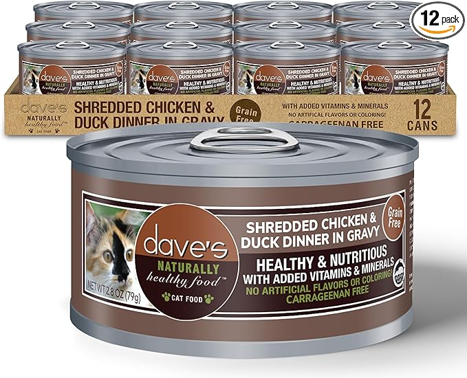 Dave's Pet Food Grain Free Wet Cat Food (Shredded Chicken & Duck in Gravy), Naturally Healthy Canned, Added Vitamins & Minerals, Wheat, Gluten, & GMO-Free, 2.8 oz (12 Pack)