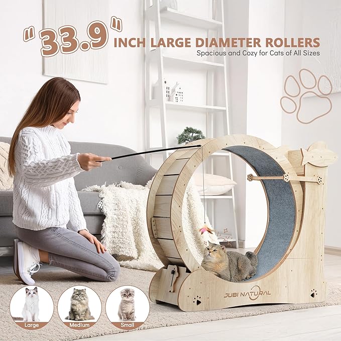 Cat Exercise Wheel for Indoor Cats, 35.9" Compact Cat Running Wheel with Scratching Board, Teaser Toy & Storage Shelf, Quiet Carpet Track, Safety Lock & Anti-Pinch Design, Space-Saving Cat Treadmill