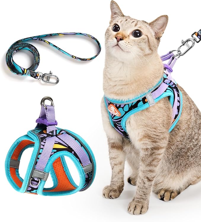 PetThem Upgraded Cat Harness and Leash Set - Step-in Escape Proof Adjustable Cat Harness, Comfortable Soft Lightweight, Reflective Harness for Walking, Travel, Camping (Butterfly Magic, L)