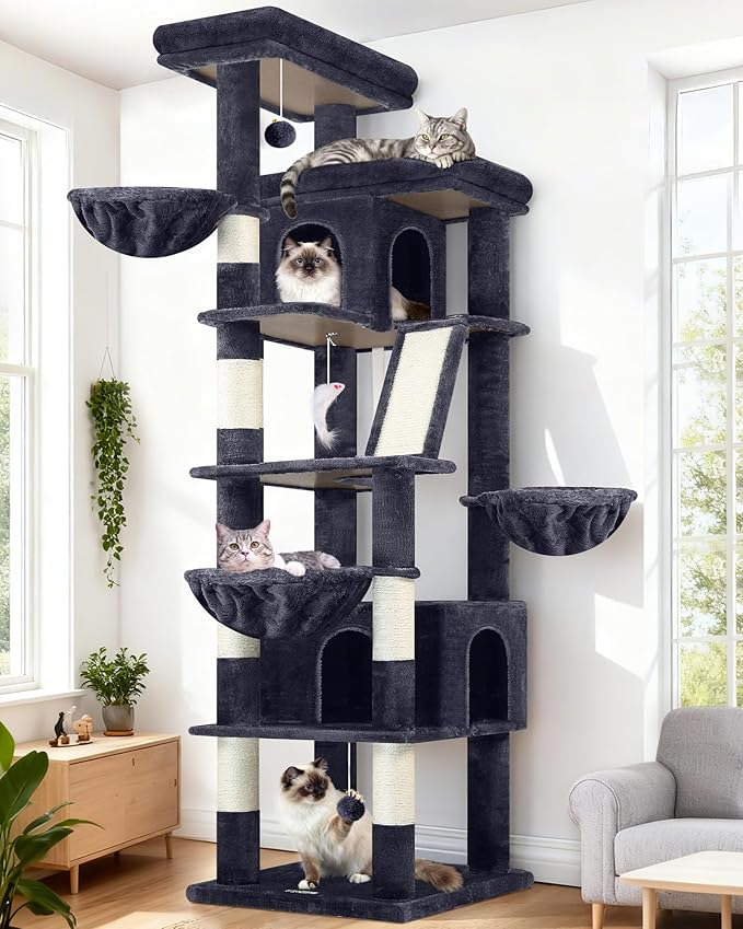 Globlazer Extra Large Cat Tree Tower 80inch XXL Tall Cat Tree for Multiple Indoor Cats Large Adult Kittens with Scratching Posts, 2 Widened Perches, Adjustable Baskets, 2 Cozy Condos, S80G, Dark Grey
