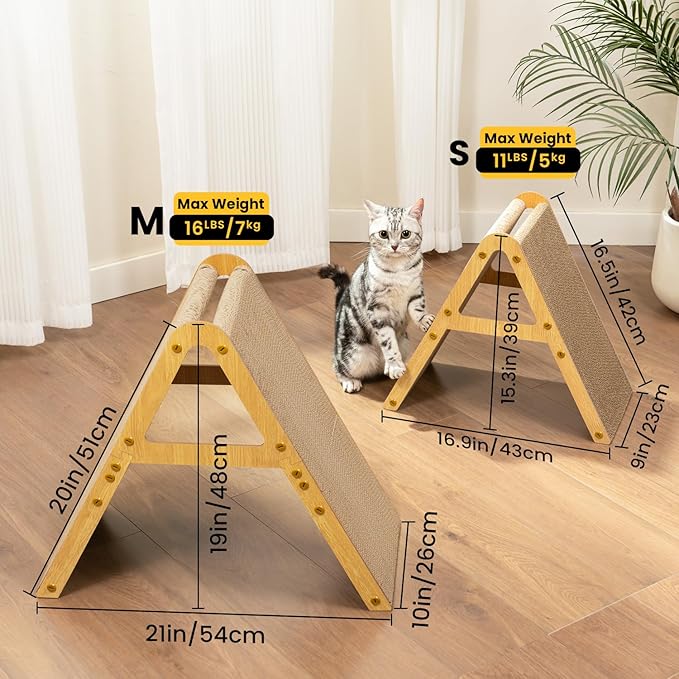 Conlun A-Frame Cat Scratching Board, Recycled Cardboard & Wood Frame, Dual-Sided Vertical Horizontal Cat Scratcher for Indoor Kittens, Space-Saving Furniture Protector for Sofa Walls-Light Wood, Small