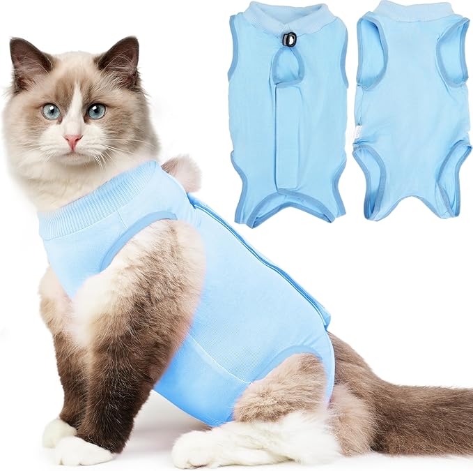 Hpetppy Recovery Suit for Cats After Surgery Soft Breathable Pet Bodysuit E-Collar & Cone Alternative Surgical Suit Kitten Wear Anti Licking Wounds Cat Onesie Cats Neuter Shirt Blue S