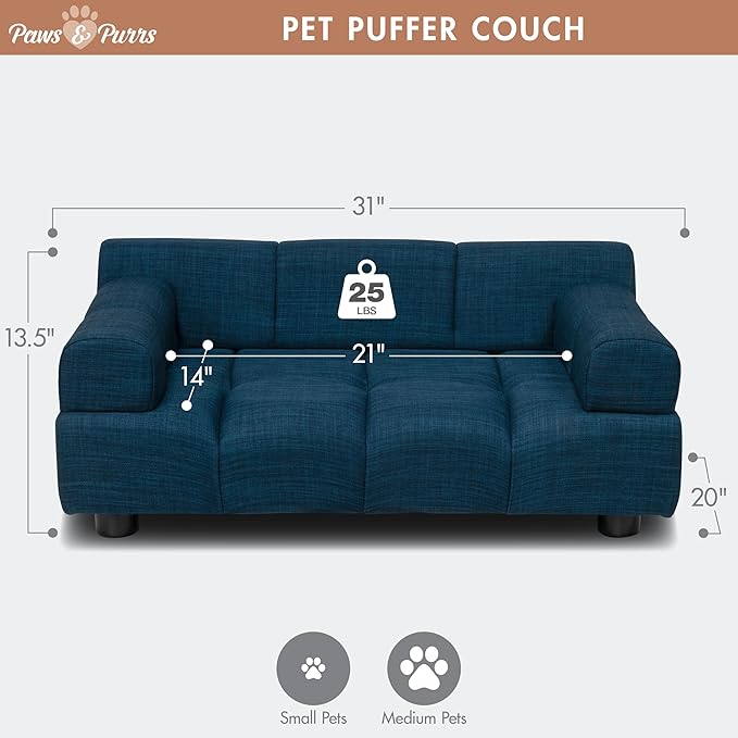 Paws & Purrs Puffer Pet Sofa Bed, Dog or Cat Couch with Tufted Cushion and Armrest, Stylish Indoor Pet Furniture, Dark Blue