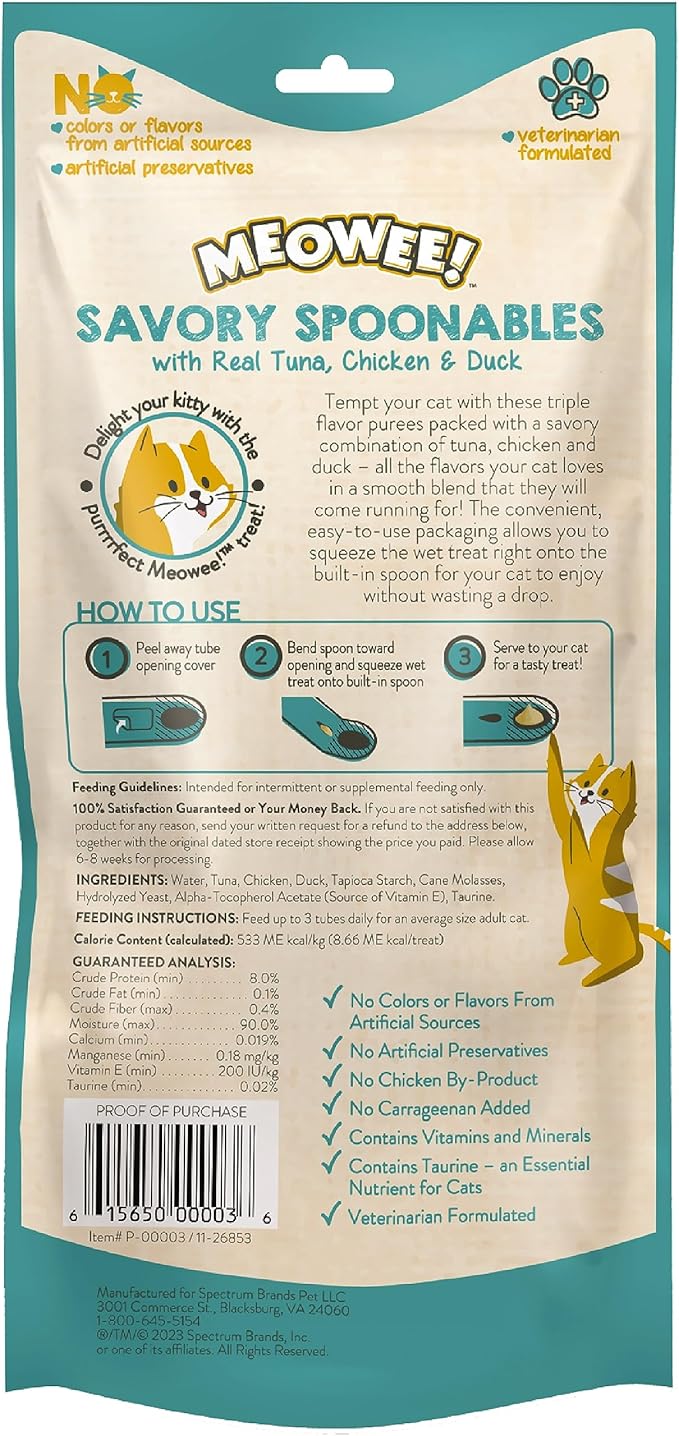 MEOWEE! Savory Spoonables with Real Tuna, Chicken & Duck, 4 Count Tube, Triple Flavor Squeezable Lickable Wet Treats for Cats with Built-in Spoon for Less Mess (Pack of 2)