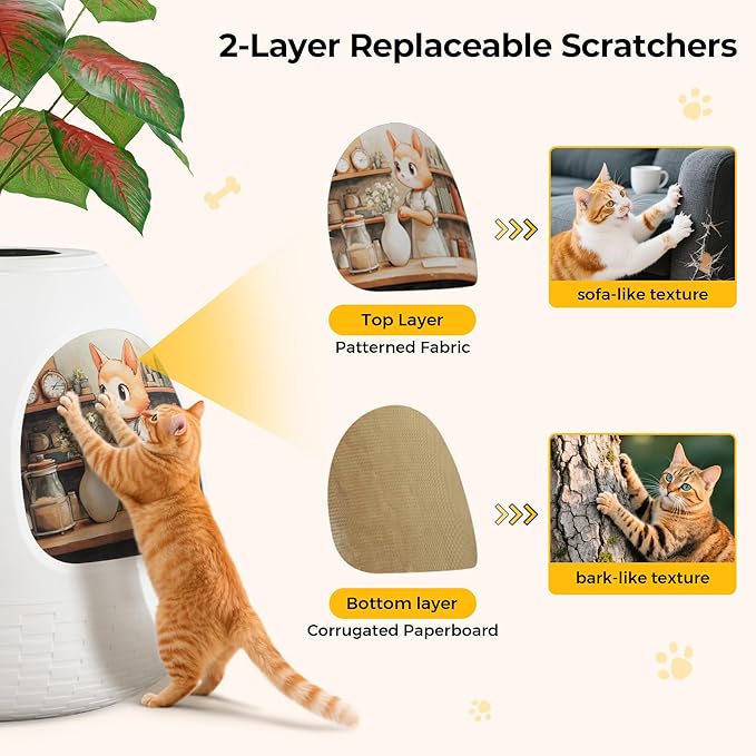 Copod8 Cat Beds for Indoor Cats 4-in-1 Cat Bed Cave Kitten House with Replaceable Scratching Board, Heating Pad, Air Purifier and Artificial Plant for Cats Rabbits Guinea Pigs Small Dogs (White)