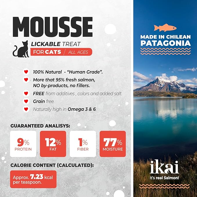 IKAI - Lickable Wet Cat Treats - Patagonian Salmon from Chile, No By-Products, Highly Digestible Protein, with Omega 3 & 6 for Healthy Skin & Glossy Coat - 2.11 oz (1 Pack, Salmon & Crab)