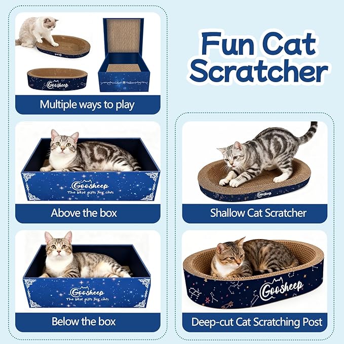 Goosheep 4-in-1 Cat Scratcher and Bed, 2 Scratching Pads & 2 Oval Loungers for Indoor Cats, Multi-Cat Household Cardboard Scratcher Furniture with Cat Bed Design to Save Your Couch