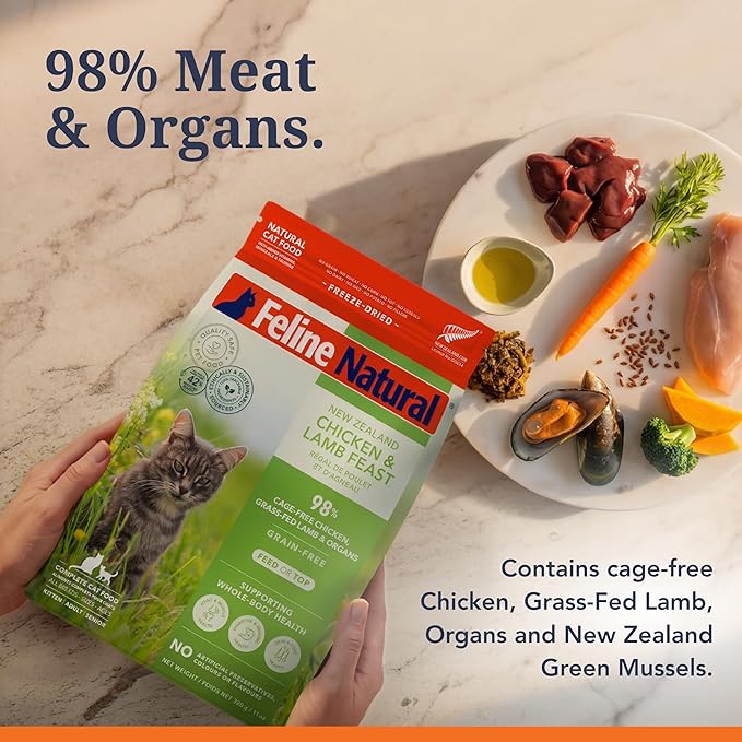 Feline Natural High Protein Dry Cat Food, Freeze-Dried Diet with 98% Meat, Organs & Seafood, No Peas, Grains, or Artificial Additives, Made in New Zealand, Chicken & Lamb, 1.8lb