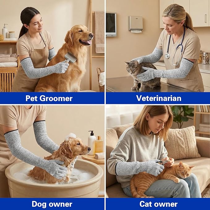 2 Pairs Pet Handling Gloves, 15.75" Extra-Long and 7.68'' Short Flexible Scratch-Resistant Gloves, Pet Grooming Arm Sleeves for Dogs, Cats & Birds Bathing & Nail Trimming