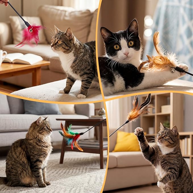 Leitee 50 Pcs Cat Wand Toy Feather Stick Cat Toy Bulk Feather Toys and Teaser Wand Bulk Interactive Stick for Indoor (Mixed Color)