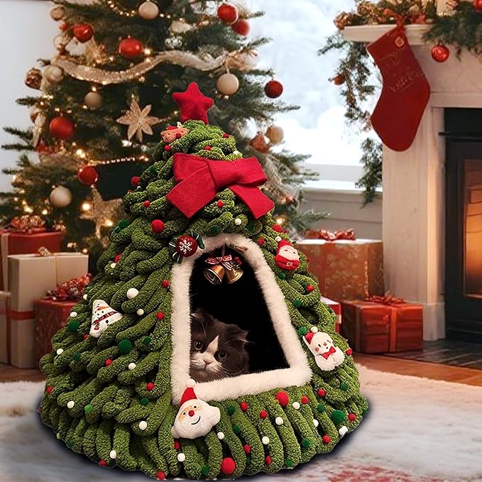 DIY Christmas Tree Cat Bed with Materials, Christmas Pet Tree House Package, DIY Felt Xmas Cave, Indoor Felt Nest for Cats and Kittens, Teepee Furniture Decorations for Family & Friends(A)