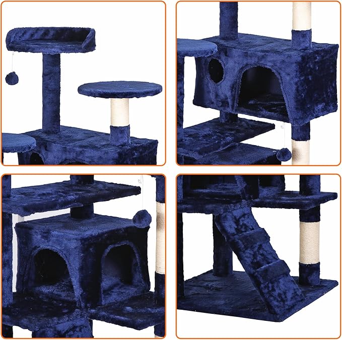 52” Multi-Level Cat Tree Condo Furniture Kitten Activity Play House Bed Pet Kitty Climbing Tower with Scratching Posts/Plush Perch/Scratcher Ladder/Tunnel for Cats,Kittens,Pets (Blue)