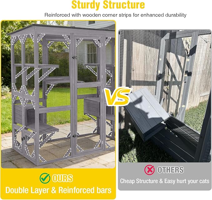 Aivituvin Catio Outdoor Cat Enclosure with 7 Platforms, 2 Resting Boxes, Large Window Cat House for 6-8 Mulitiple Cats Walk in Kitty Cage with Weatherproof Tarp Roof 71"