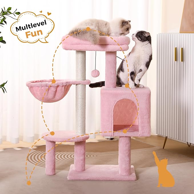 Small Cat Tree Pink Cat Tower with 32 Inches Scratching Post with Cats Condo House, Cozy Hammock and Removable Top Bed and Dangling Ball for Indoor Cats-34” Pink