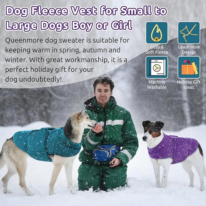 Queenmore XXS Dog Sweaters, Soft Fleece Vest Pullover Dog Jacket with Leash Hole, Warm Winter Dog Clothes Cold Weather Doggy Dachshund Sweater for Small Dogs Cats Boy or Girl (Peacock-Blue, XXS)